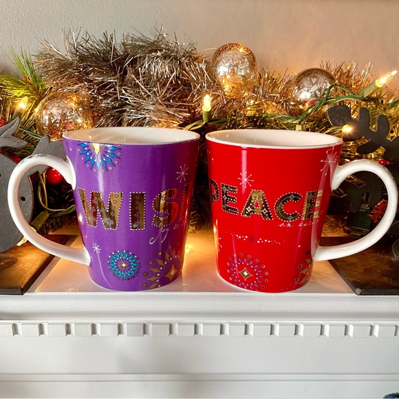 Starbucks•Holiday 2006•Set of Two (2) Mugs~PEACE (Red)+WISH (Purple)•14 fl oz - Picture 1 of 12